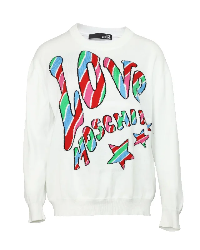Love Moschino Logo-Print Sweatshirt in White Print Cotton Oversized Hoodie Comfort Casual Love Moschino Logo-Print Sweatshirt in White Print Cotton Oversized Hoodie Comfort Casual