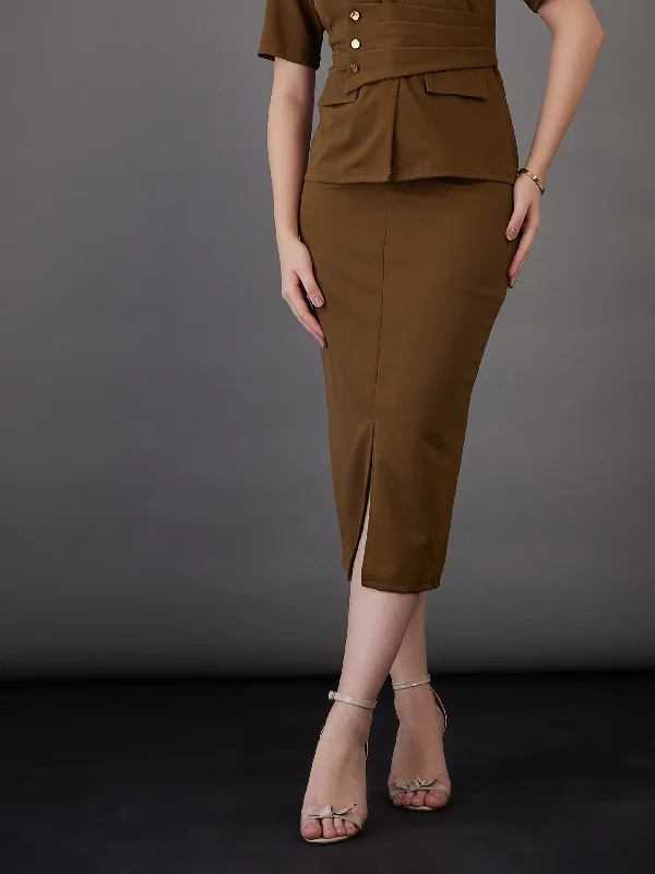 Lyush Women Brown Front Slit Midi Skirt wool skirt breathable