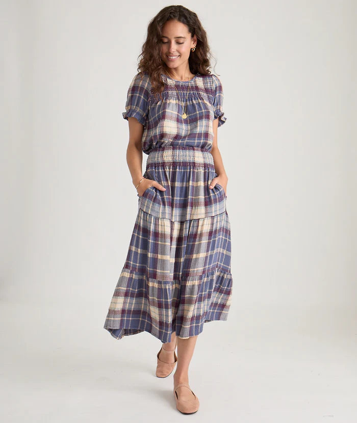 Marine Layer Chloe Smocked Maxi Skirt Dusty Blue Plaid cashmere skirt soft