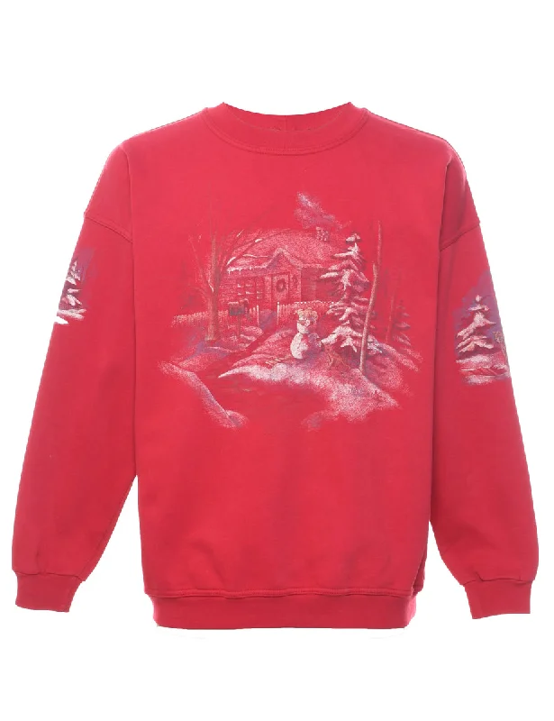 Maroon Christmas Sweatshirt - L Hoodie with Exposed Zipper Edgy Industrial
