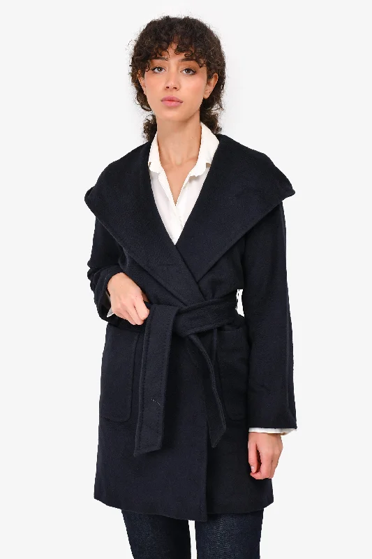 Max Mara Navy Hooded Wrap Around Coat Est. Size S Hoodie with Relaxed Fit Easy Casual Max Mara Navy Hooded Wrap Around Coat Est. Size S Hoodie with Relaxed Fit Easy Casual