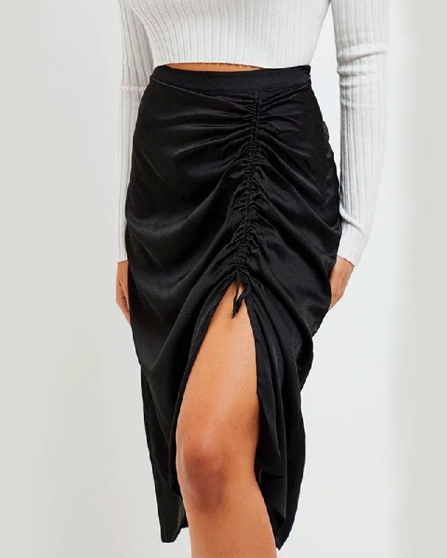 MINKPINK - Last Song Drawstring Satin Midi Skirt in Black breathable skirt fabric