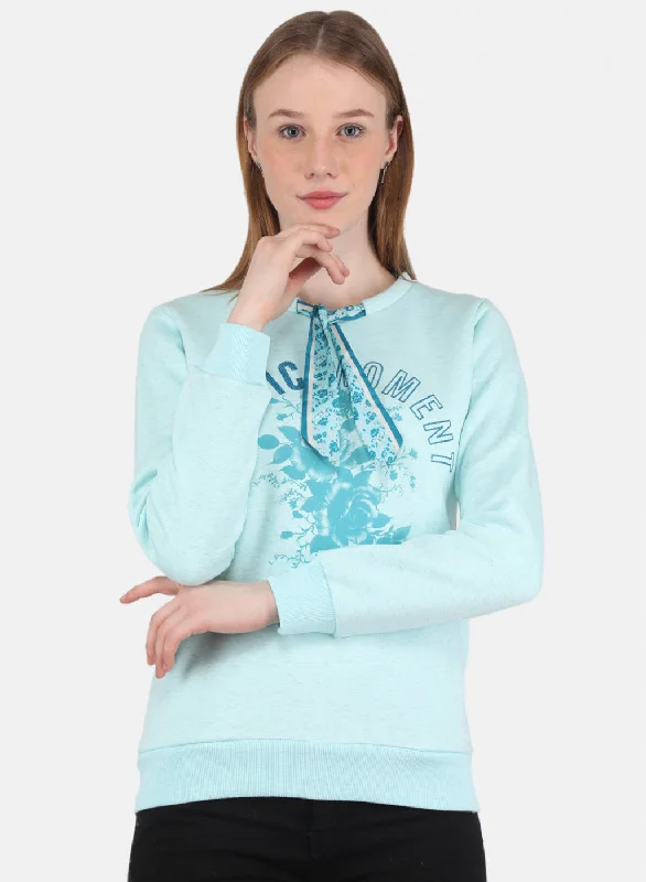 Women Aqua Blue Printed Sweatshirt Hoodie with Tied Waist Feminine Flattering