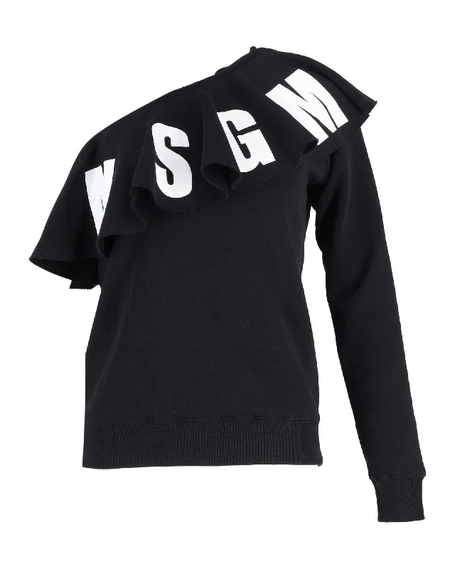 MSGM Logo Print One-Shoulder Ruffled Sweatshirt in Black Cotton Hoodie with Raw Hem Edgy Unfinished MSGM Logo Print One-Shoulder Ruffled Sweatshirt in Black Cotton Hoodie with Raw Hem Edgy Unfinished
