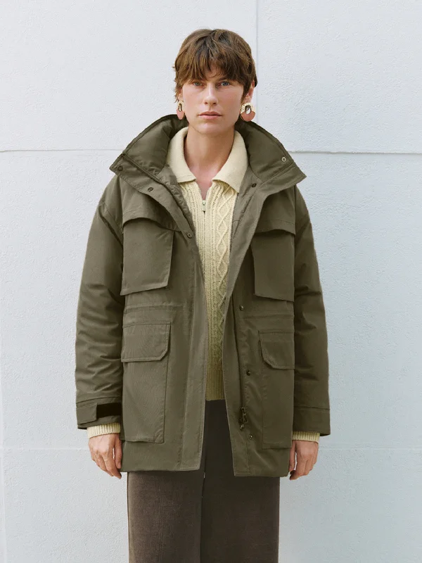 Multi Pockets Hoodie Down Outerwear Hoodie with Hem Frayed Vintage Worn