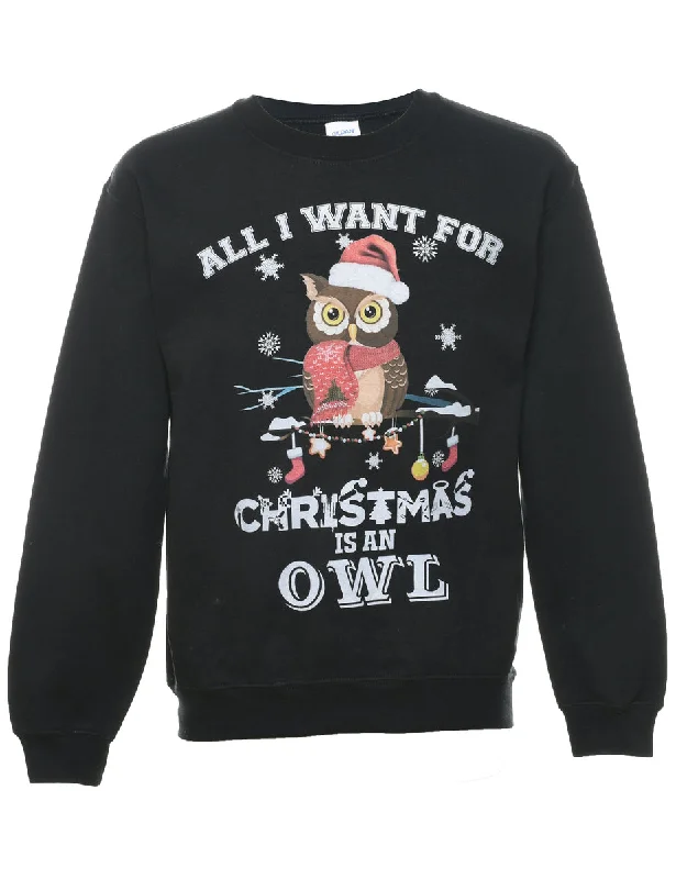 Owl Christmas Sweatshirt - S Hoodie with Hem Fringe Bohemian Relaxed