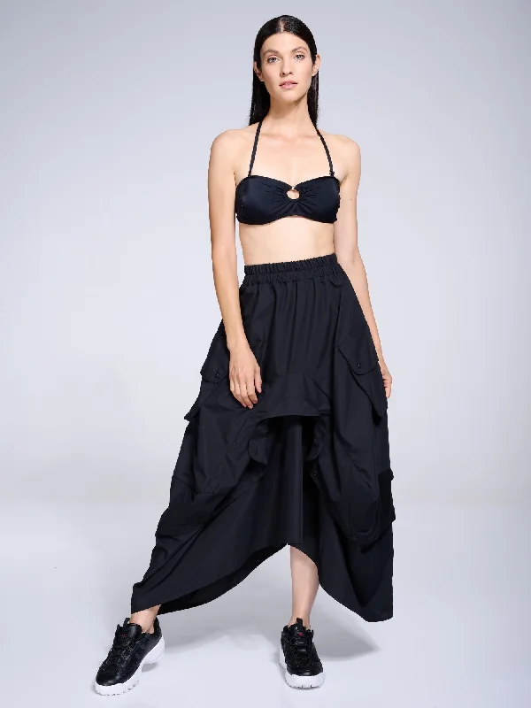 Maxi Skirt With Drapings In Black silk skirt luxurious