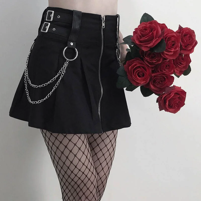 PUNK DARK METAL CHAIN PLEATED SKIRT BY61034 denim skirt classic