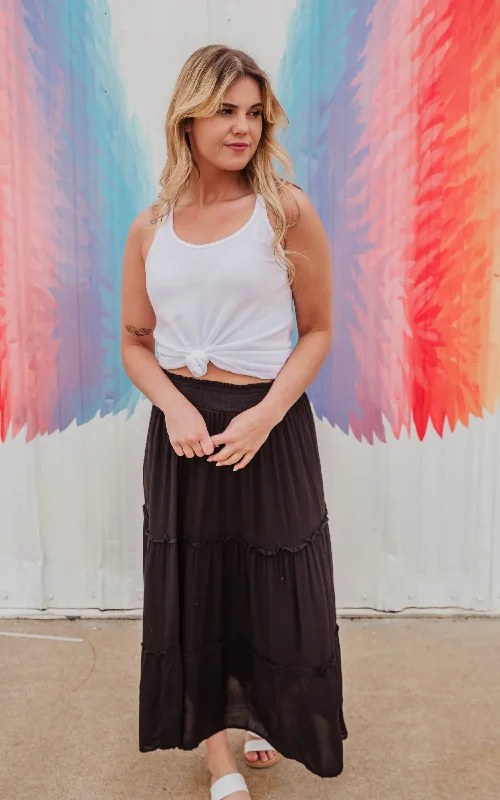 Rayon Gauze Black Tiered Maxi Skirt- BLUE B - FINAL SALE casual skirt length