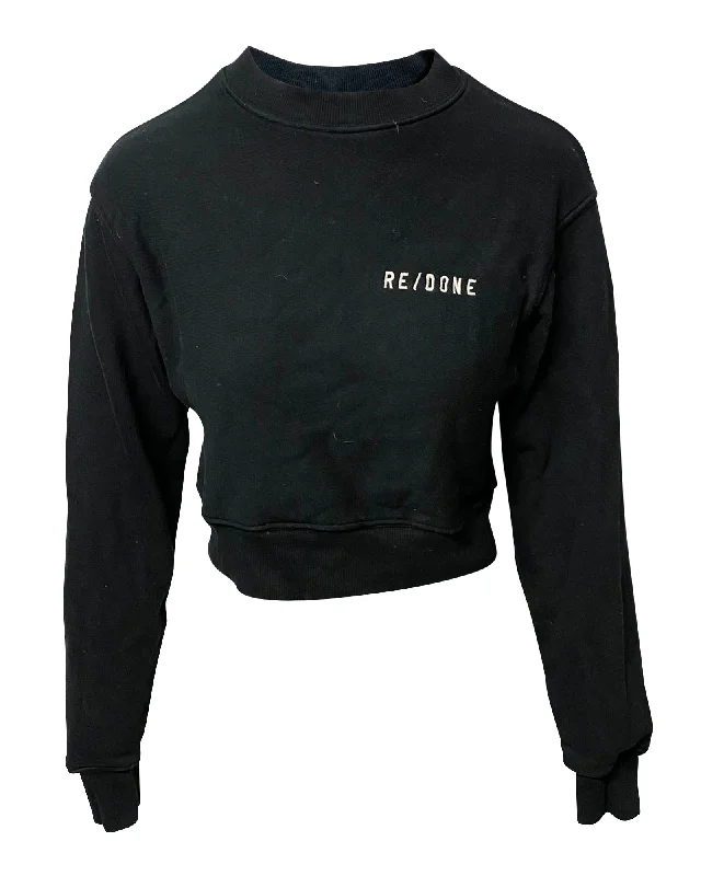 Re/done Cropped Crewneck Sweatshirt in Black Cotton Hoodie Sweatshirt Pullover