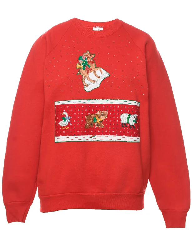 Red Christmas Animal Design Sweatshirt - L Hoodie with Slit Hem Functional Movement