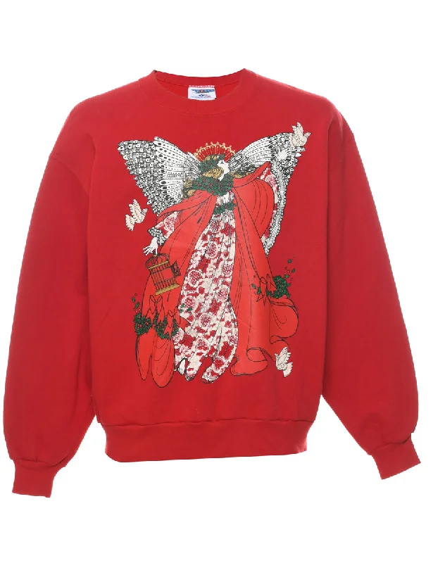 Red Christmas Sweatshirt - L Hoodie with Hem Patch Decorative Personalized