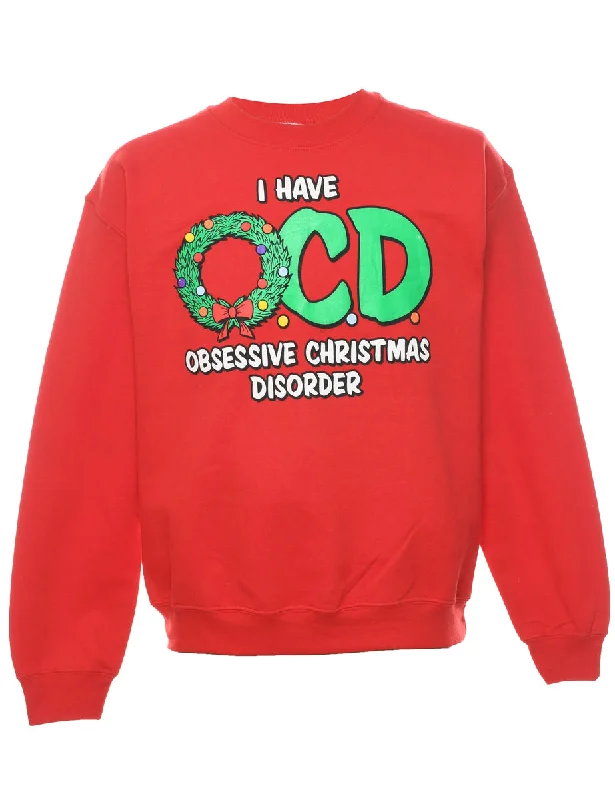 Red Christmas Sweatshirt - M Hoodie with Raw Hem Edgy Unfinished