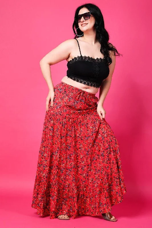 Red Floral Printed Maxi Skirt athletic skirt fit