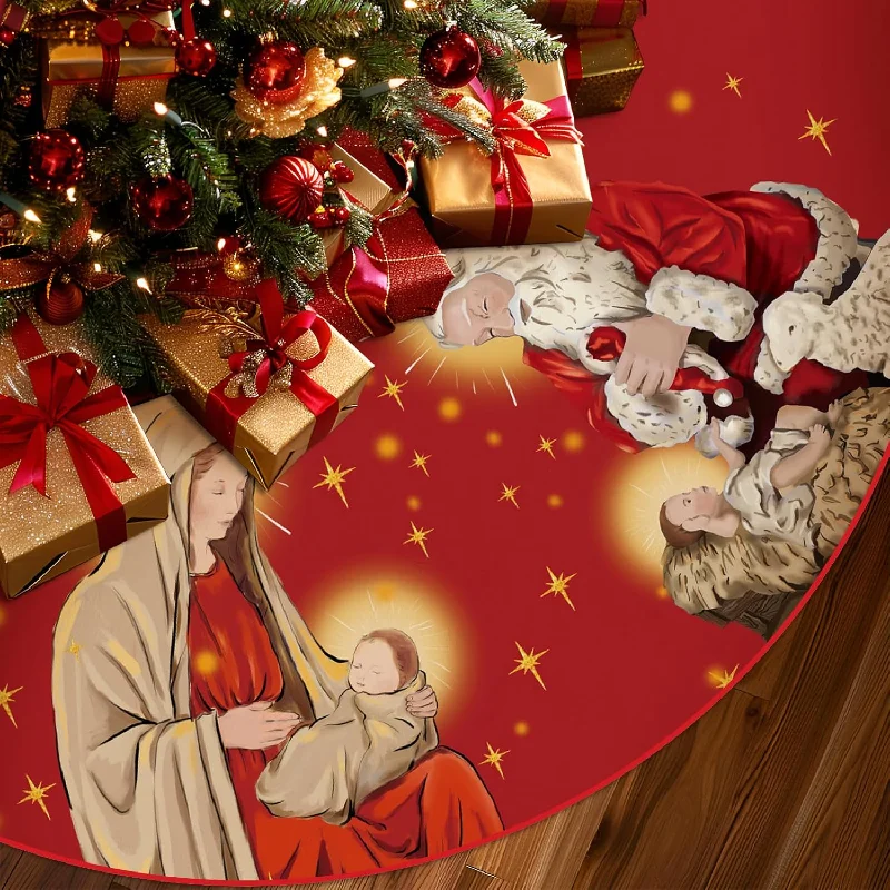 Red Nativity Christmas Tree Skirt - 48" vintage skirt charm