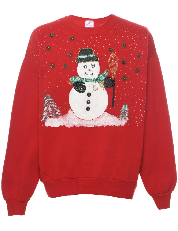Red Snowman Christmas Sweatshirt - XL Hoodie with Puffed Sleeves Voluminous Trendy