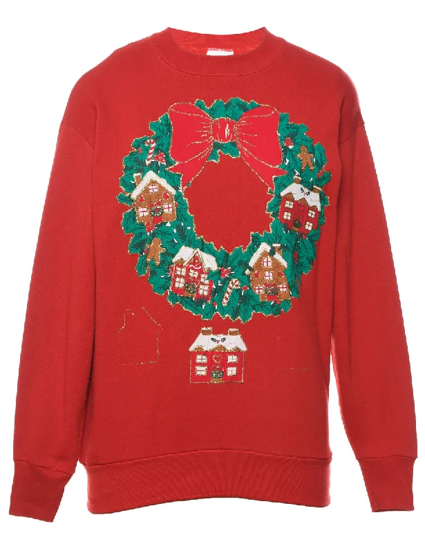 Red Sparkly Wreath Christmas Sweatshirt - L Hoodie with Hem Applique Textured Unique Red Sparkly Wreath Christmas Sweatshirt - L Hoodie with Hem Applique Textured Unique