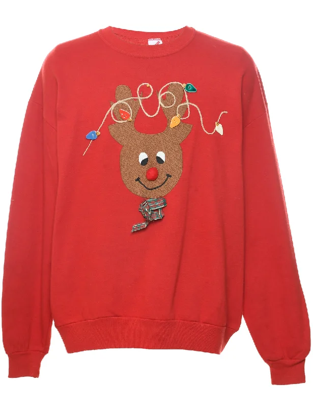Reindeer Christmas Sweatshirt - XL Hoodie with Zipper Placket Modern Functional