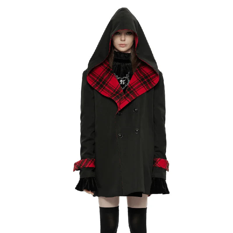 Reversible Plaid and Black Hooded Punk Coat Hoodie with Ribbed Cuffs Snug Fit Comfort Reversible Plaid and Black Hooded Punk Coat Hoodie with Ribbed Cuffs Snug Fit Comfort