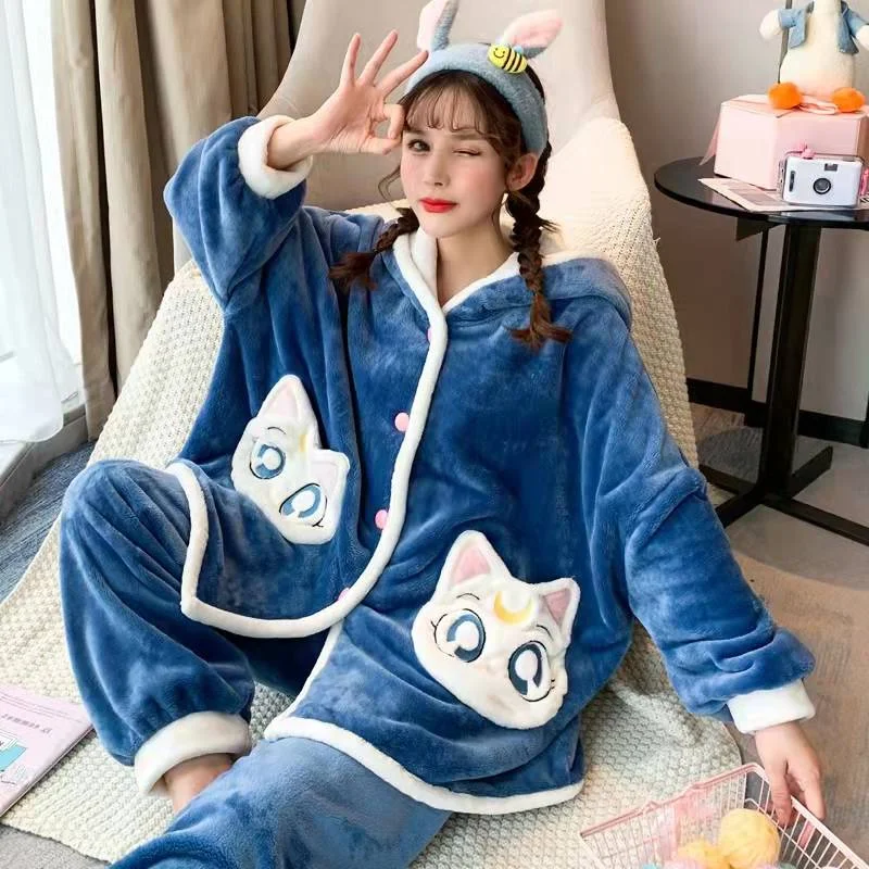 Sailor Moon Artemis Inspired Flannel Hooded Pajama Set Kawaii Cute Hoodie with Hem Patch Decorative Personalized Sailor Moon Artemis Inspired Flannel Hooded Pajama Set Kawaii Cute Hoodie with Hem Patch Decorative Personalized