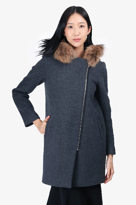 Sandro Grey Wool/Racoon Fur Hooded Coat Size 38 Hoodie with Velcro Closure Adjustable Secure Sandro Grey Wool/Racoon Fur Hooded Coat Size 38 Hoodie with Velcro Closure Adjustable Secure