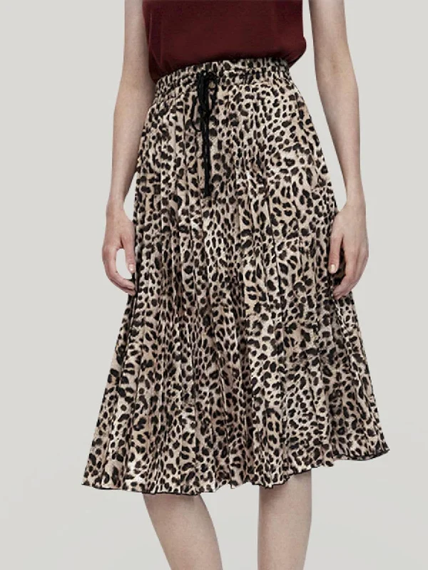 Leopard Print Pleated Midi Skirt - Leopard chiffon skirt lightweight