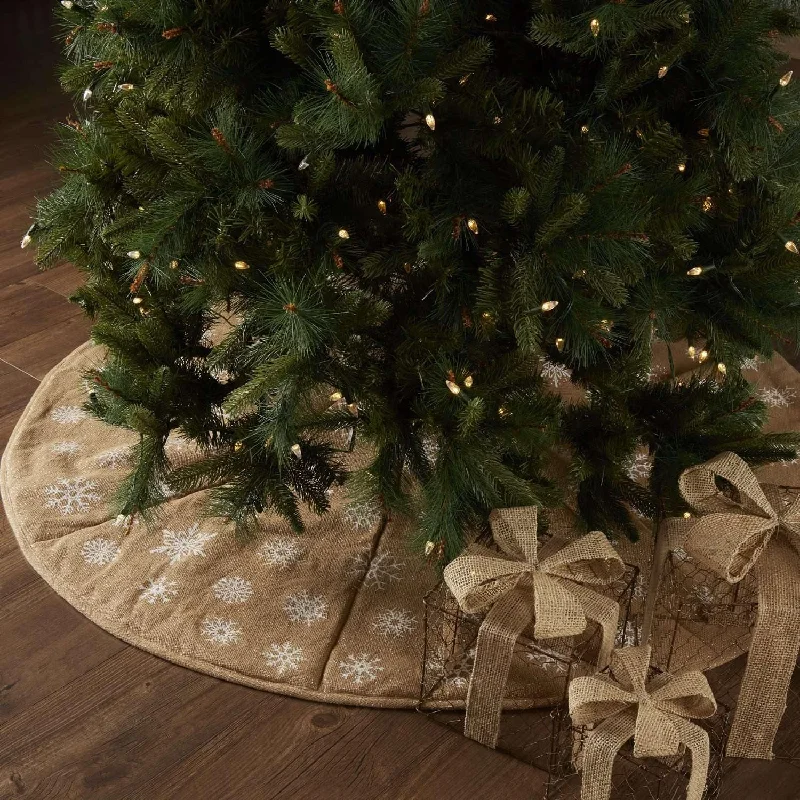 Snowflake Burlap Natural Christmas Tree Skirt 55 VHC Brands asymmetrical skirt cut