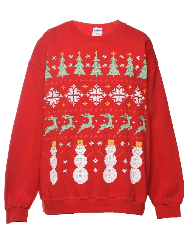 Snowman Christmas Sweatshirt - L Hoodie with Hem Fringe Bohemian Relaxed