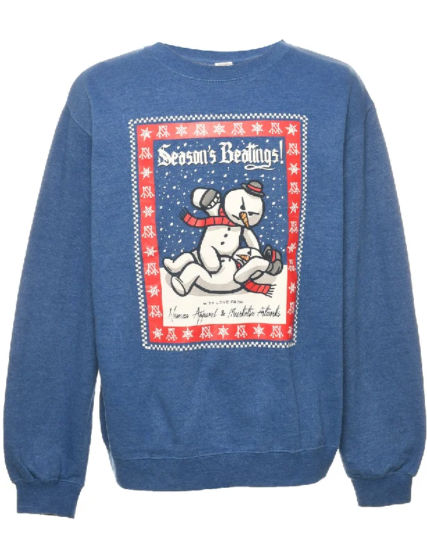 Snowman Christmas Sweatshirt - L Hoodie with Drawcord Adjustable Secure
