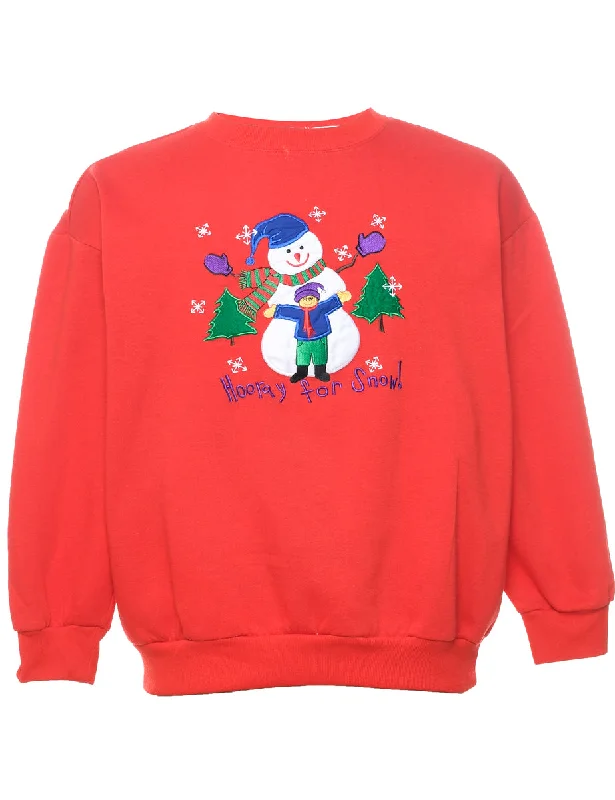Snowman Christmas Sweatshirt - L Hoodie with Drawstring Waist Adjustable Fitted