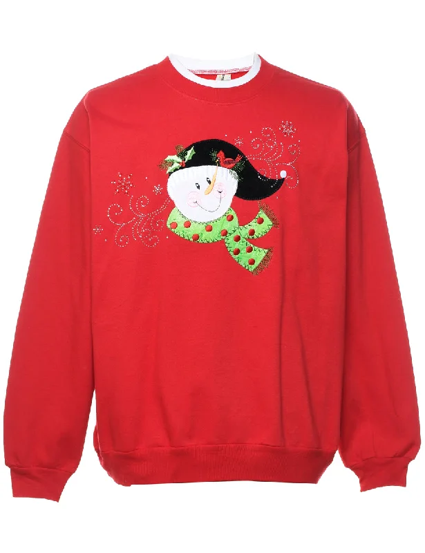 Snowman Design Red Embroidered Christmas Sweatshirt - XL Hoodie with Drawstring Waist Adjustable Fitted
