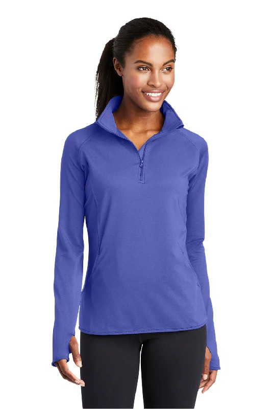 Sport-Tek Womens Sport-Wick Moisture Wicking 1/4 Zip Sweatshirt w/ Pouch Pocket - Iris Purple Hoodie with Drawstring Waist Adjustable Fitted Sport-Tek Womens Sport-Wick Moisture Wicking 1/4 Zip Sweatshirt w/ Pouch Pocket - Iris Purple Hoodie with Drawstring Waist Adjustable Fitted