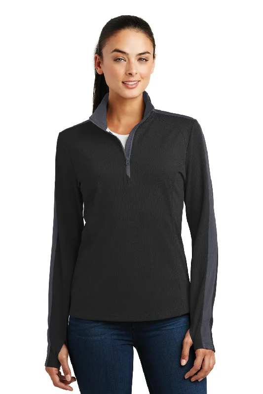 Sport-Tek Womens Sport-Wick Moisture Wicking 1/4 Zip Sweatshirt - Black/Iron Grey - Closeout Hoodie with Raw Hem Edgy Unfinished Sport-Tek Womens Sport-Wick Moisture Wicking 1/4 Zip Sweatshirt - Black/Iron Grey - Closeout Hoodie with Raw Hem Edgy Unfinished