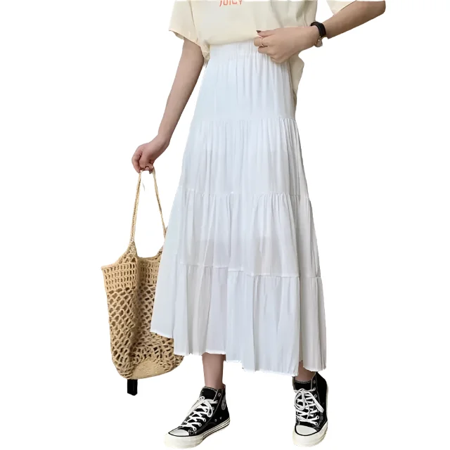 Spring Summer Women Chiffon Skirts Vintage High Waist Elastic Patchwork White Black Chic Long Cake A-line Skirt for Student cashmere skirt fine