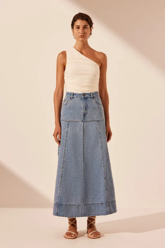 STELLA PANELLED MIDI SKIRT - MID BLUE denim skirt casual