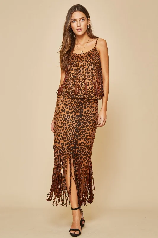 Leopard Fringe Skirt satin skirt smooth