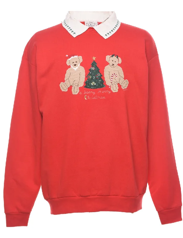 Teddy Bear Print Christmas Sweatshirt - L Hoodie with Belted Waist Structured Tailored Teddy Bear Print Christmas Sweatshirt - L Hoodie with Belted Waist Structured Tailored