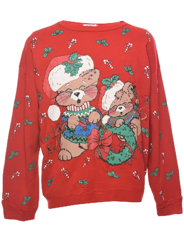 Teddy Bear Print Christmas Sweatshirt - L Hoodie with Gradient Ombre Colorful