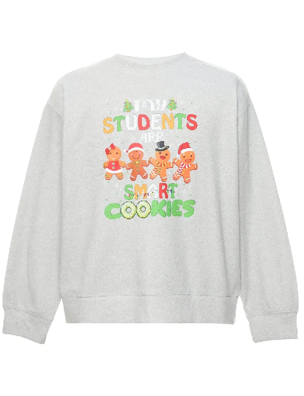 Teddy Bear Print Christmas Sweatshirt - L Cotton Hoodie Fleece Lining Warmth