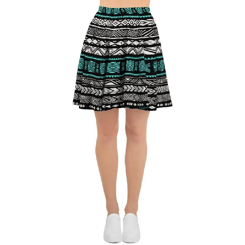 White and Turquoise Tribal Navajo Hand Drawn Women's Skirt linen skirt light