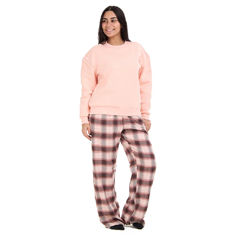 Women Winter Pajama Set Rose Sweatshirt + Rose x Dark Grey Checkered Pants Hoodie with Hem Lace Feminine Delicate Women Winter Pajama Set Rose Sweatshirt + Rose x Dark Grey Checkered Pants Hoodie with Hem Lace Feminine Delicate