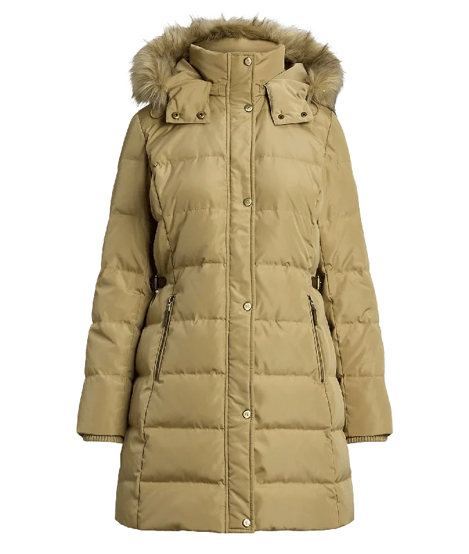 Faux-fur-trim Hooded Down Coat - Beige Hoodie with Side Slits Relaxed Casual