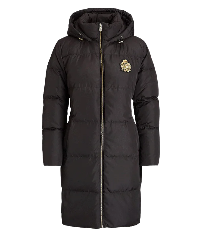 Crest-patch Hooded Down Coat - Black Zip Hoodie Drawstring Kangaroo Pocket
