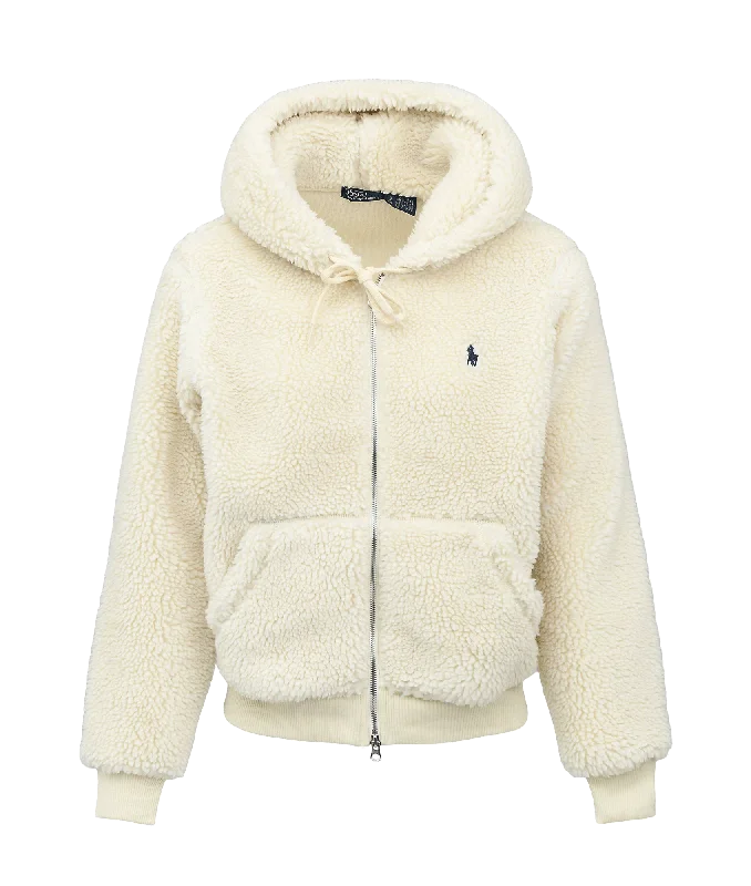 High-pile Fleece Full-zip Hoodie - Cream Hoodie with Relaxed Fit Easy Casual