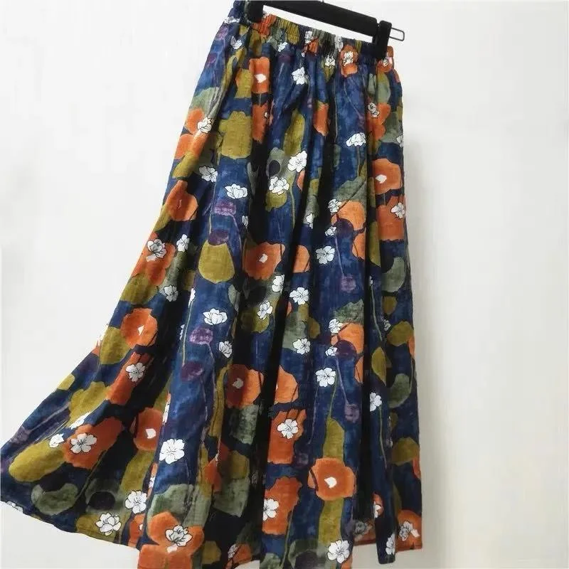 Women's Spring Elastic Waist Slim Ethnic Style All-match Printed A-line Skirt Summer Large Size Long Cotton Pleated Skirt elastic waist skirt