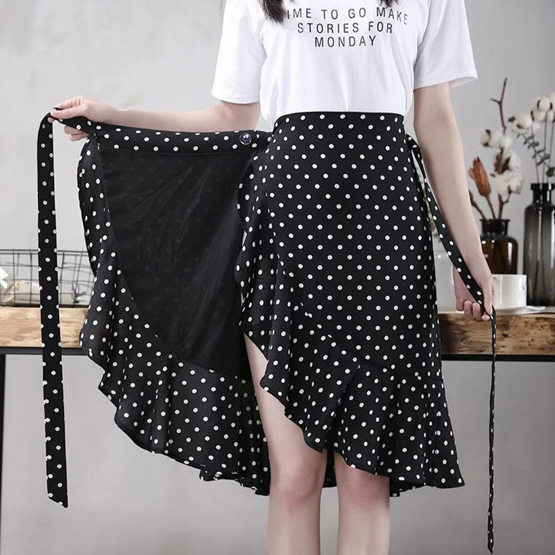 Women's Summer Large Size Wrap Skirt Female Casual Chiffon One-Piece Lace-Up High Waist Irregular Ruffle Loose Polka Dot Skirts elastic waist skirt