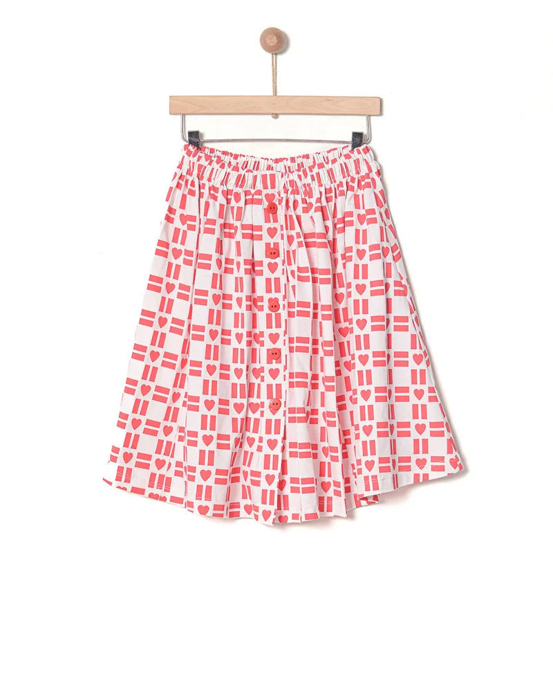 YELL OH CORAL/WHITE HEART PRINT SKIRT velvet skirt sumptuous