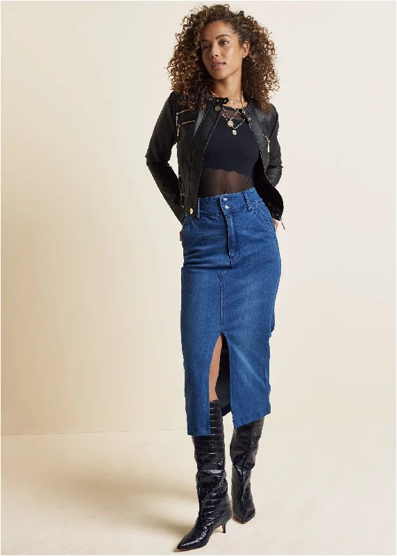 Upcycled Denim Midi Skirt - Dark Wash vintage skirt charm